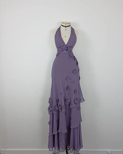 Pretty Purple Halter V-Neck 3D Floral Layered Irregular Chiffon Long Prom Dress Evening Dress cc5505
