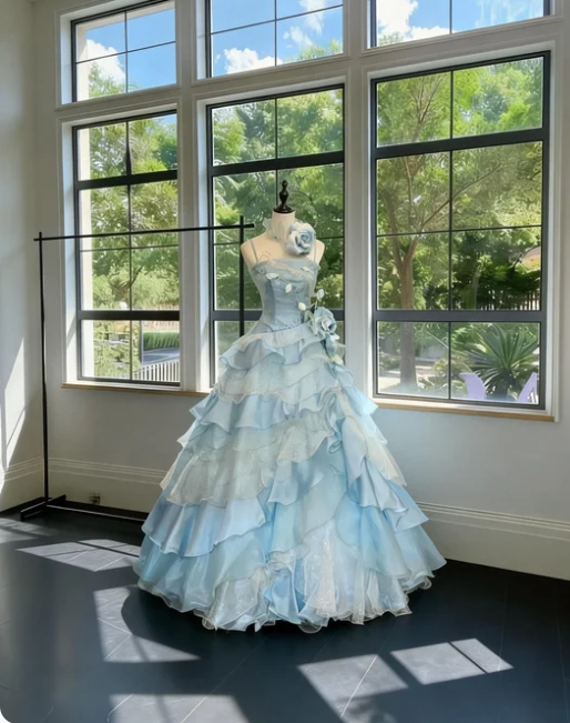 Dreamy Light Blue Gradient Spaghetti Strap 3D Floral Layered Tulle Long Prom Dress Birthday Dress  cc5521