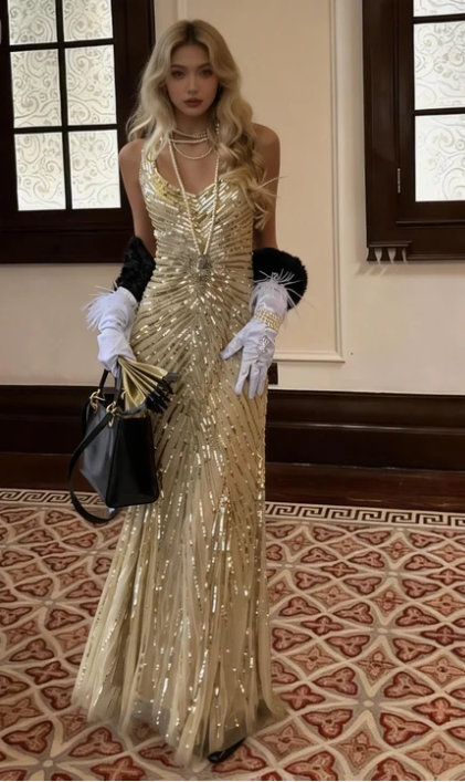 Gorgeous Champagne Gold V-Neck Mermaid Sequin Striped Tulle Long Prom Dress Evening Dress cc5523