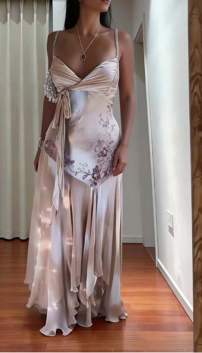 Elegant Pink V-Neck Spaghetti Strap Mermaid Satin Chiffon Long Prom Dress Evening Dress cc5524