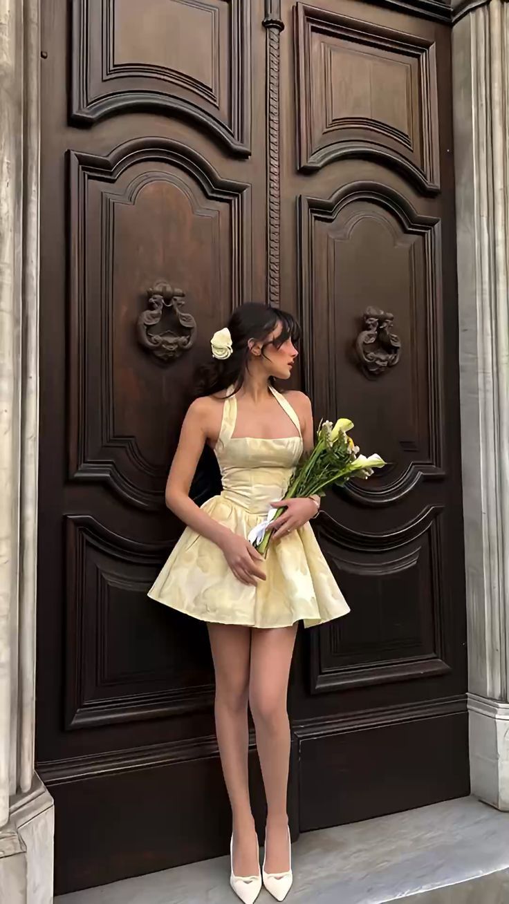 Sweet Light Yellow Halterneck Floral Jacquard A-line Birthday Dress Homecoming Dress cc4073