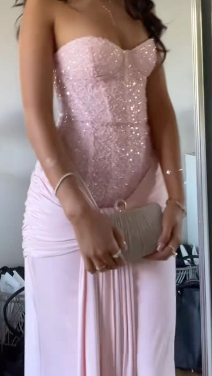 Sweet Pink Strapless Mermaid Sequin Chiffon Long Prom Dress Birthday Dress cc5534