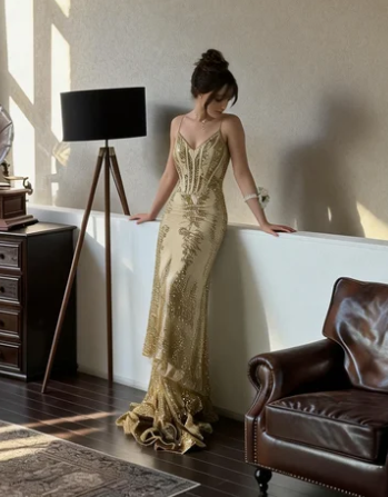Gorgeous Champagne Gold Spaghetti Strap Mermaid Sequin Embroidered Tulle Train Prom Dress Evening Dress cc5538