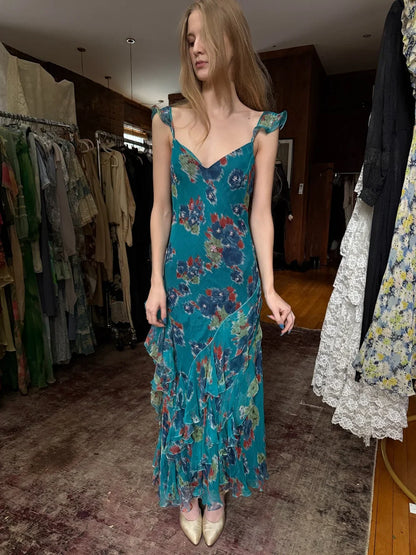 Vintage Lake Blue Floral Spaghetti Strap Mermaid Ruffle Chiffon Long Prom Dress Evening Dress cc5550