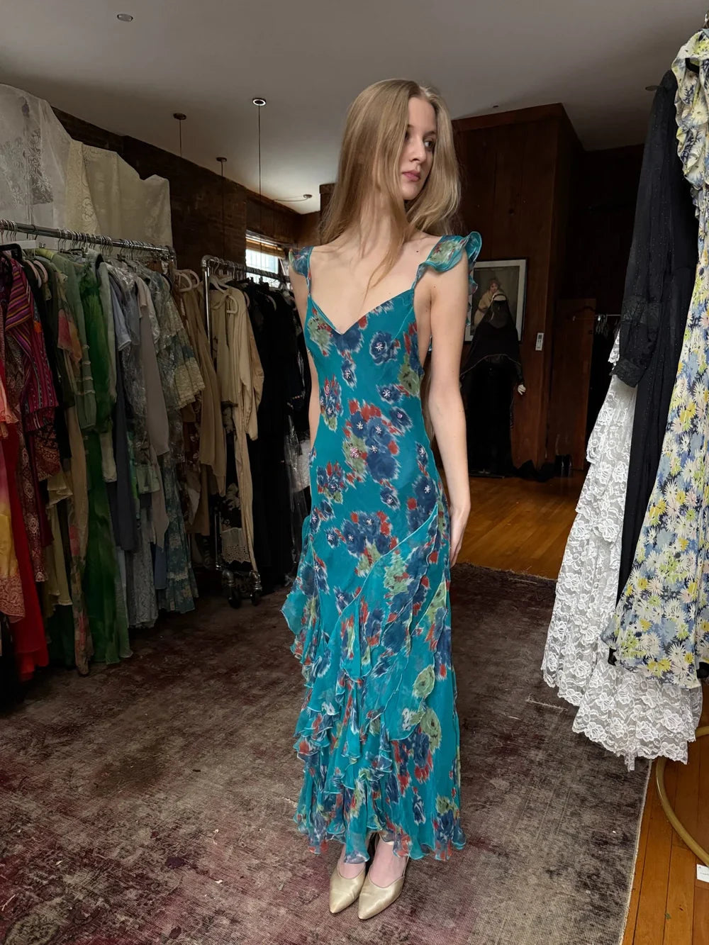 Vintage Lake Blue Floral Spaghetti Strap Mermaid Ruffle Chiffon Long Prom Dress Evening Dress cc5550