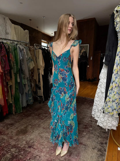 Vintage Lake Blue Floral Spaghetti Strap Mermaid Ruffle Chiffon Long Prom Dress Evening Dress cc5550