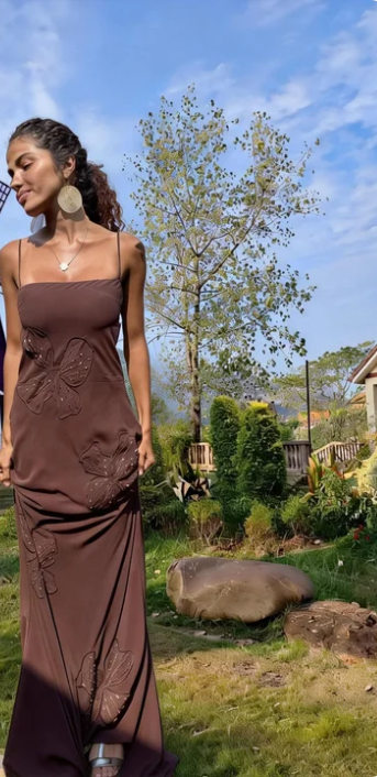 Vintage Dark Brown Spaghetti Strap Slim Fit Open Back Satin Long Prom Dress Birthday Dress cc5555