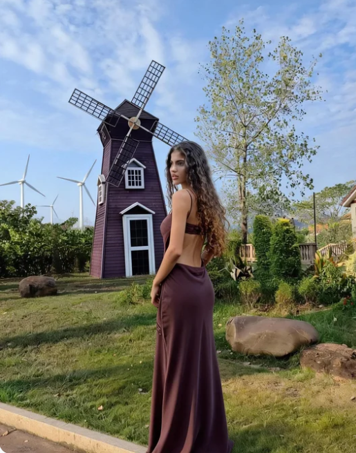 Vintage Dark Brown Spaghetti Strap Slim Fit Open Back Satin Long Prom Dress Birthday Dress cc5555