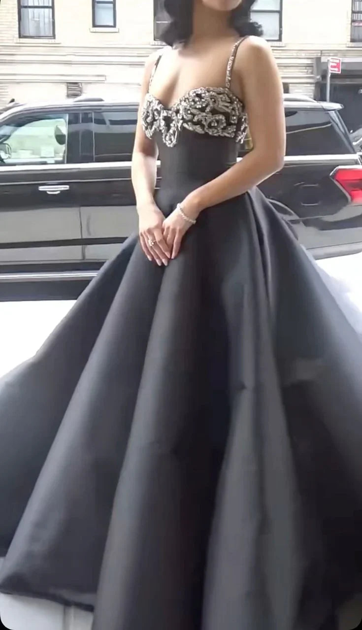 Elegant Black Spaghetti Strap A-Line Rhinestone Satin Train Prom Dress Evening Dress cc5564