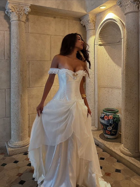 Vintage White Off-the-Shoulder Boned Corset Satin Train Prom Dress Wedding Dress cc5574