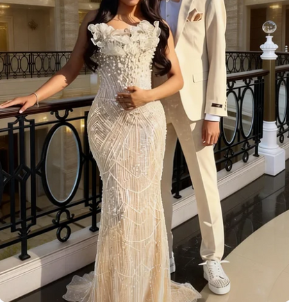 Luxurious Champagne Gold Strapless 3D Floral Beaded Sequin Tulle Train Long Prom Dress Evening Dress cc5576