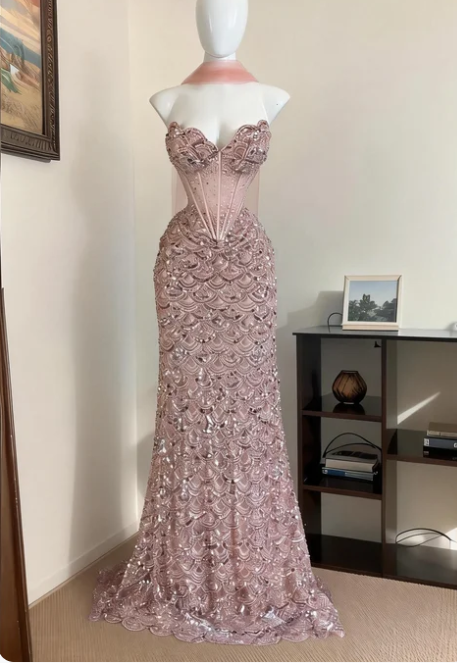 Elegant Pink Mermaid Sweetheart Boned Corset Beaded Tulle Long Prom Dress Evening Dress cc5579