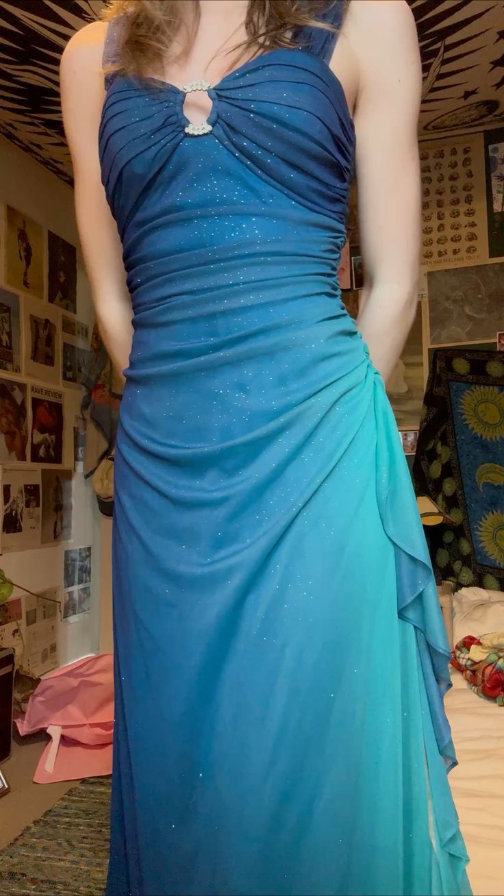 Dreamy Gradient Blue-Green Halter Neck Ruched Chiffon Long Prom Dress Evening Dress cc5580