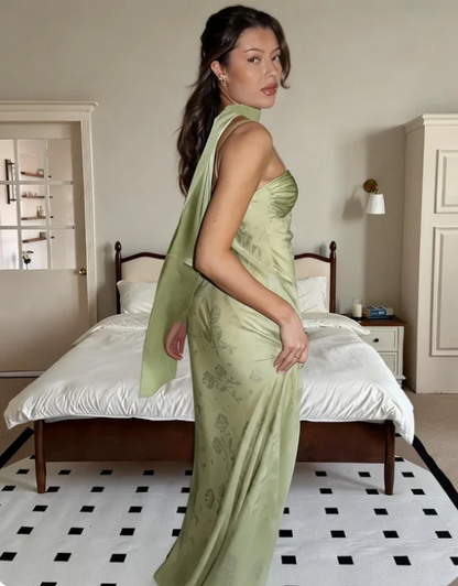 Vintage Light Green Spaghetti Strap Jacquard Satin Long Prom Dress Evening Dress cc5581