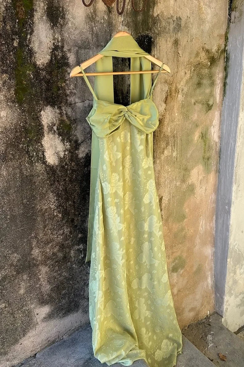 Vintage Light Green Spaghetti Strap Jacquard Satin Long Prom Dress Evening Dress cc5581