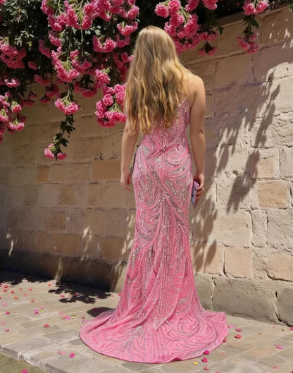Shimmering Pink Strapless Mermaid Sequin High Slit Train Prom Dress Evening Dress cc5582