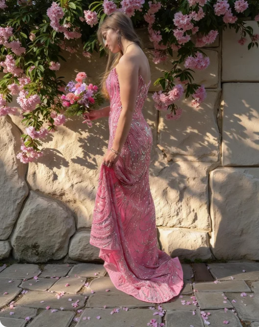 Shimmering Pink Strapless Mermaid Sequin High Slit Train Prom Dress Evening Dress cc5582