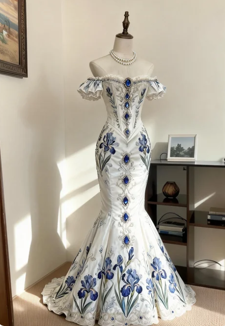 Vintage White Mermaid Print Beaded Satin Train Prom Dress Evening Dress cc5588