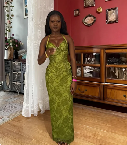 Vintage Green Halter Neck Mermaid Lace Long Prom Dress Evening Dress cc5592