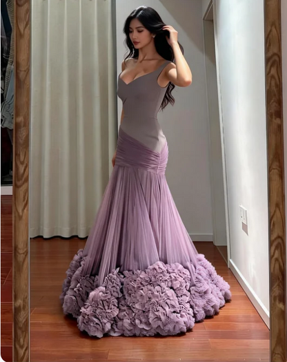 Gorgeous Grey Purple Off-Shoulder 3D Floral Tulle Long Prom Dress Evening Dress cc5602