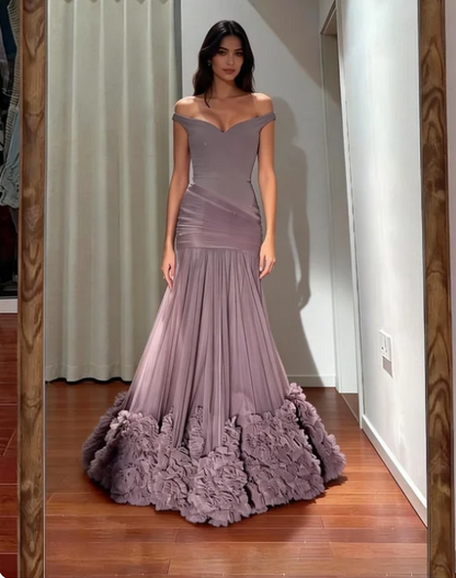 Gorgeous Grey Purple Off-Shoulder 3D Floral Tulle Long Prom Dress Evening Dress cc5602