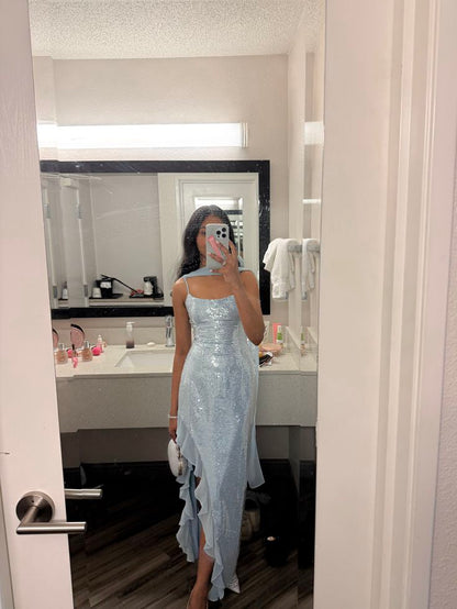 Shimmering Light Blue Irregular Strap Square Neck Slit Sequin Party Dress Bridesmaid Dress cc4781