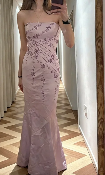 Sweet Light Pink Strapless Embroidered Satin Mermaid Long Prom Dress Evening Dress cc5627