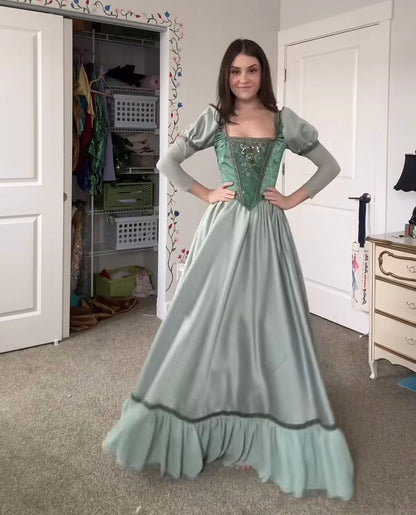 Vintage Court Bean Green Square Neck A-Line Puff Sleeve Embroidered Satin Long Prom Dress Evening Dress cc5638