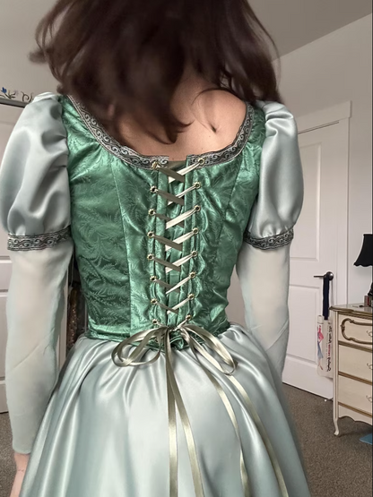 Vintage Court Bean Green Square Neck A-Line Puff Sleeve Embroidered Satin Long Prom Dress Evening Dress cc5638