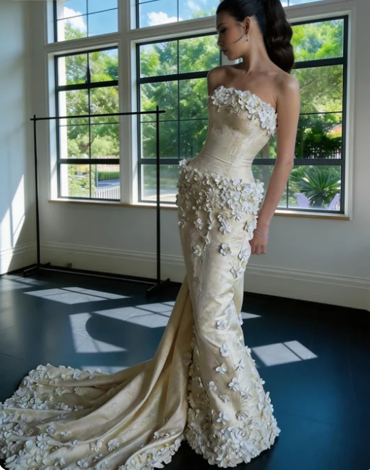 Luxury Cream White Mermaid Strapless 3D Floral Jacquard Satin Train Prom Dress Evening Dress cc5645