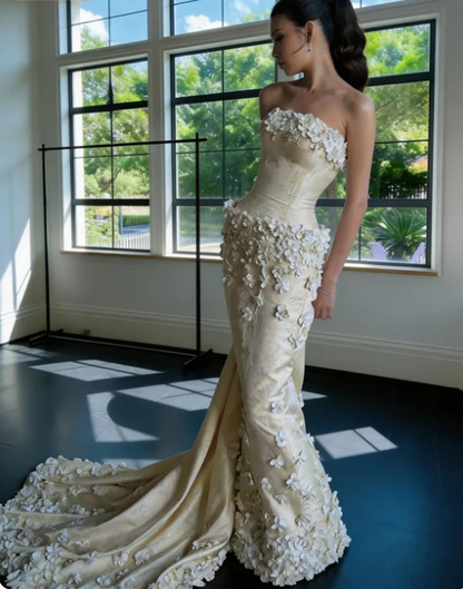 Luxury Cream White Mermaid Strapless 3D Floral Jacquard Satin Train Prom Dress Evening Dress cc5645