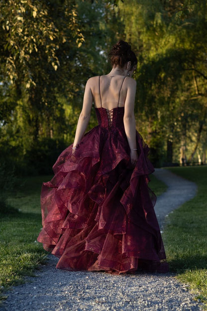 Vintage Burgundy Spaghetti Strap A-Line Multi-Layer Sequin Tulle Long Prom Dress Evening Dress cc5646