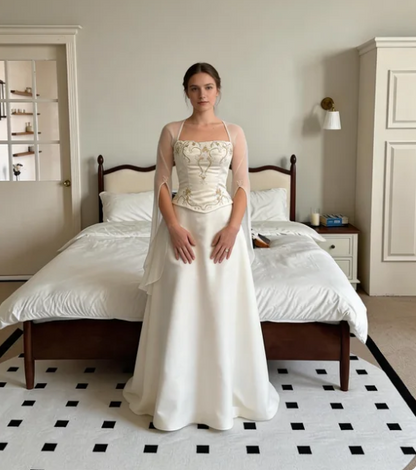 Vintage Ivory A-Line Square Neck Bell Sleeve Embroidered Satin Long Prom Dress Evening Dress cc5652
