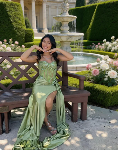 Fresh Lime Green Spaghetti Strap Sheer Boned Waist Ruched High Slit Satin Train Prom Dress Evening Dress cc5655