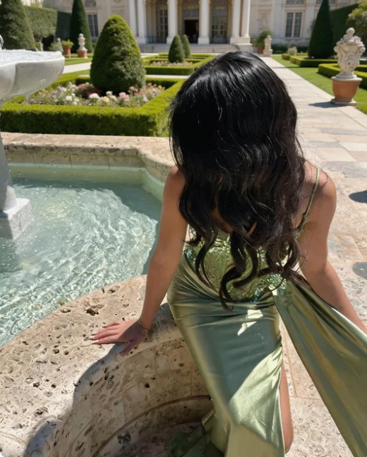 Fresh Lime Green Spaghetti Strap Sheer Boned Waist Ruched High Slit Satin Train Prom Dress Evening Dress cc5655