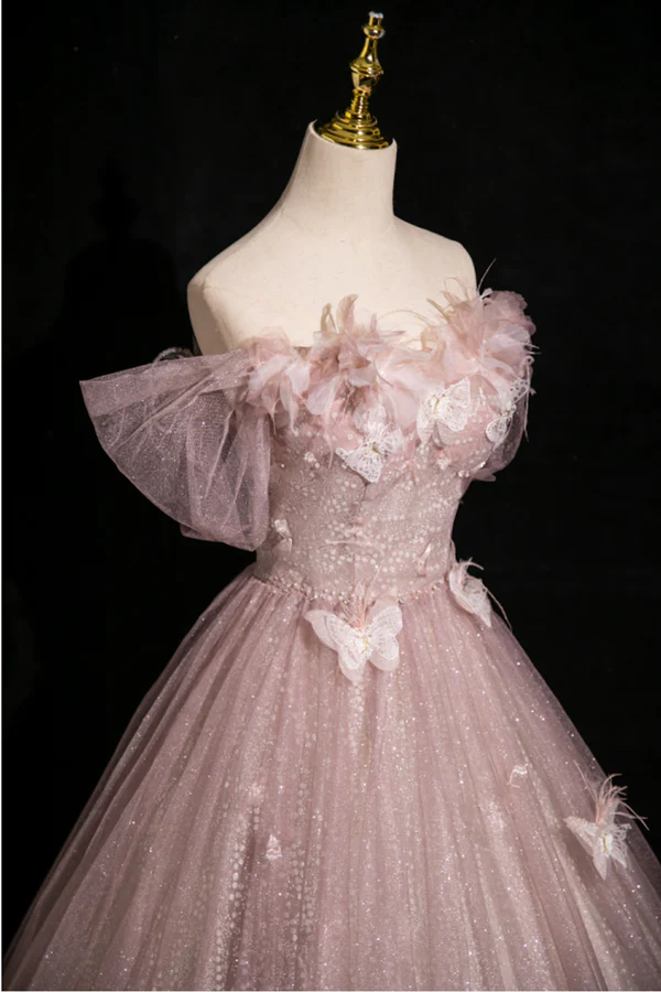 Pink Tulle Sequins Off the Shoulder Butterfly Flower Prom Dress Sweet Ball Gown cc2431
