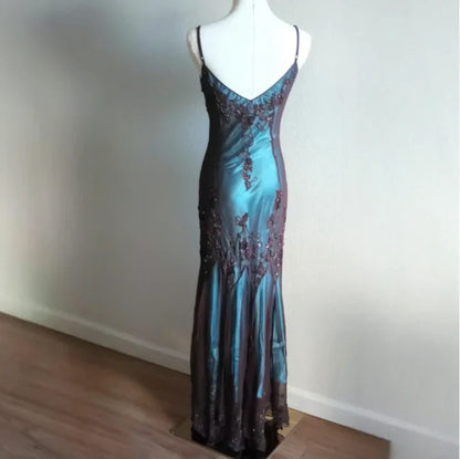 Turquoise Vintage Elegant Exquisite Floral Beading Spaghetti Strap Long Chiffon Ball Gown Evening Dress Birthday Party Dress Formal Women Prom Dress gh3931