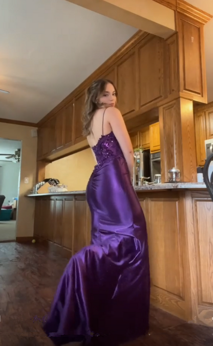 Gorgeous Purple Mermaid Lace Appliques Evening Dress Slit Long Prom Party Dress cc1897
