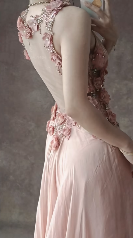 Pink Floral Beaded Long Chiffon Ball Gown Evening Dress Party Dress gh4703