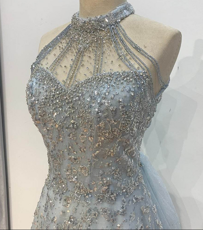 Light blue elegant gorgeous exquisite beaded long Tulle shining ball gown evening dress wedding dress gh4353