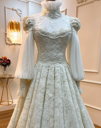Vintage Leg-of-Mutton Sleeve Lace Tulle Train Gown | Edwardian Style High-Neck Ballgown Maxi Dress for Wedding Bridal Gala Ball gh6409