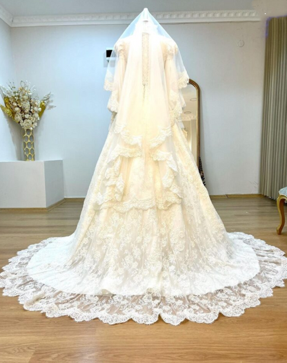 Vintage Leg-of-Mutton Sleeve Lace Tulle Train Gown | Edwardian Style High-Neck Ballgown Maxi Dress for Wedding Bridal Gala Ball gh6409