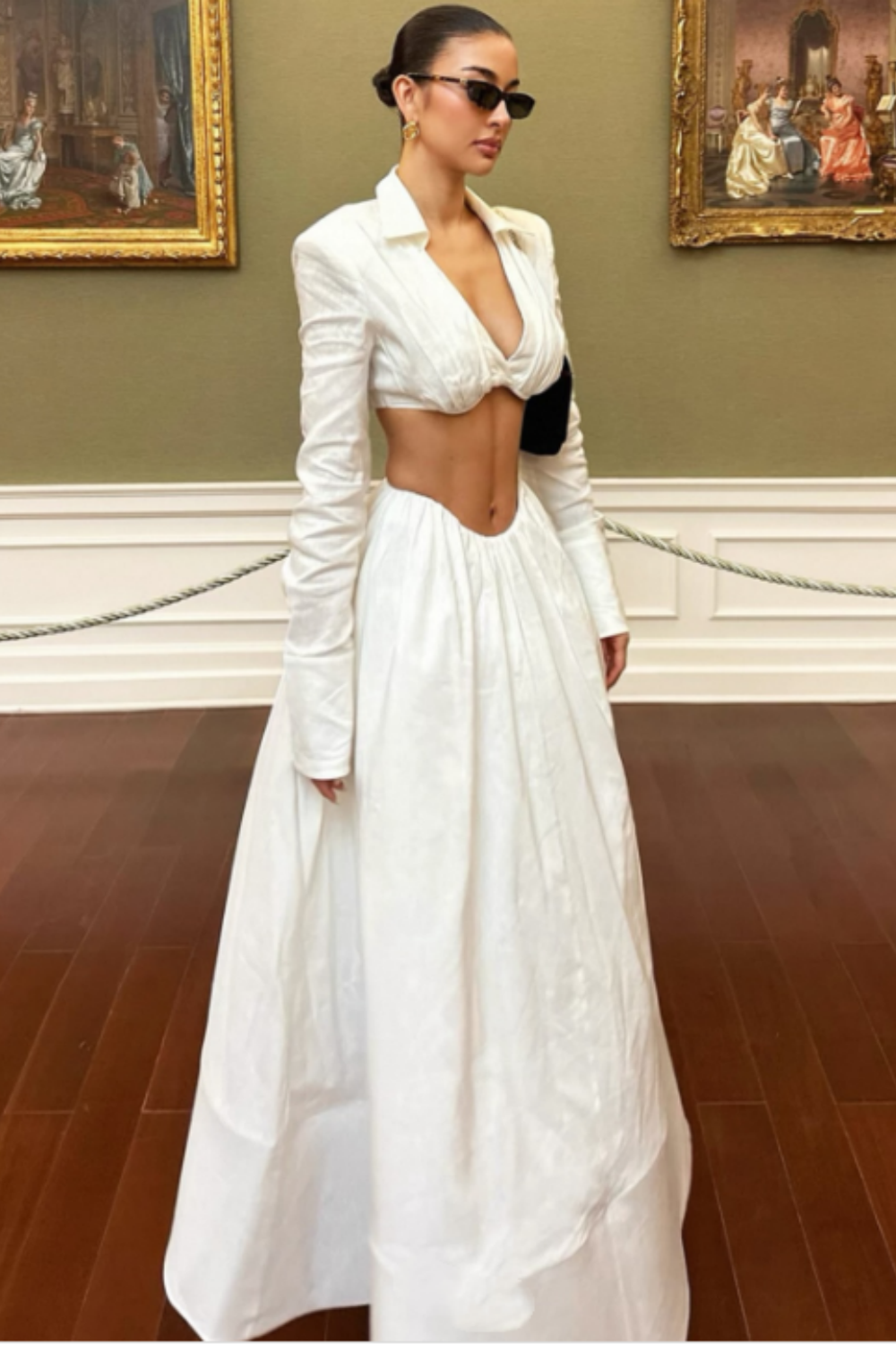 Chic Luxury Edgy Style Cutout Set Dress | White Shirt-Style Bandeau + Ballgown Maxi Skirt for Art Exhibition Gala Luxury Social Outfit gh6437