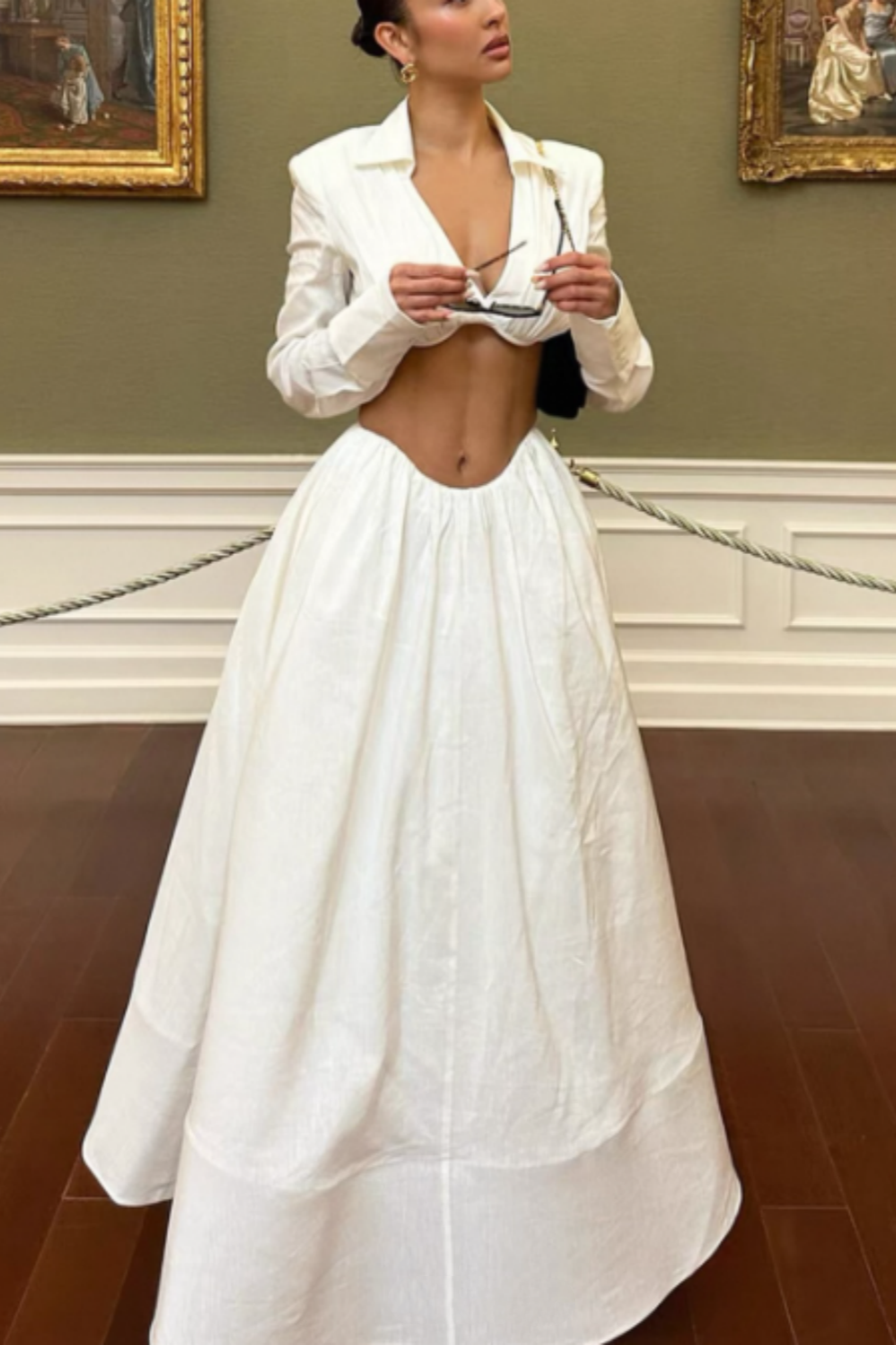 Chic Luxury Edgy Style Cutout Set Dress | White Shirt-Style Bandeau + Ballgown Maxi Skirt for Art Exhibition Gala Luxury Social Outfit gh6437