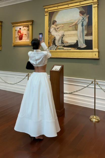 Chic Luxury Edgy Style Cutout Set Dress | White Shirt-Style Bandeau + Ballgown Maxi Skirt for Art Exhibition Gala Luxury Social Outfit gh6437