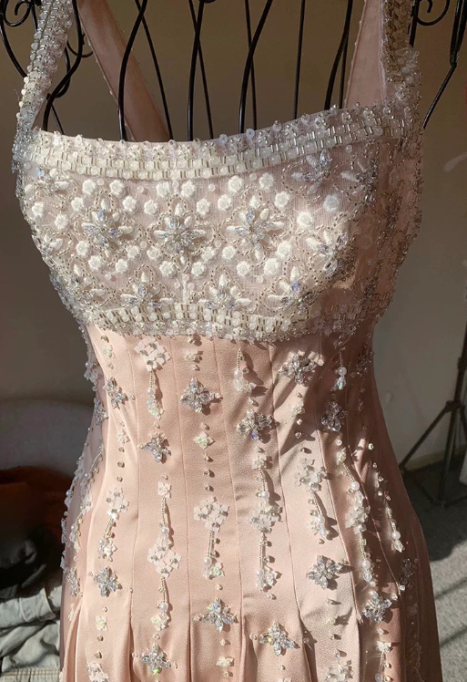 Vintage Pink Square Neck Wide Shoulder Strap Sequin Embroidered Satin Birthday Party Homecoming Dress cc4186