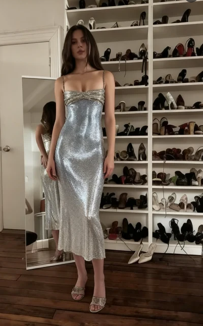 Sexy Champagne Mermaid Spaghetti Strap Sequined Long Prom Dress Evening Dress cc5053