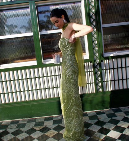 Elegant Green Strapless Sequin Wave Pattern High-Slit Tulle Slim-Fit Long Prom Dress Evening Dress cc5415