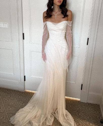 Elegant White Off-the-Shoulder Ruched Tulle Train Wedding Dress cc5573