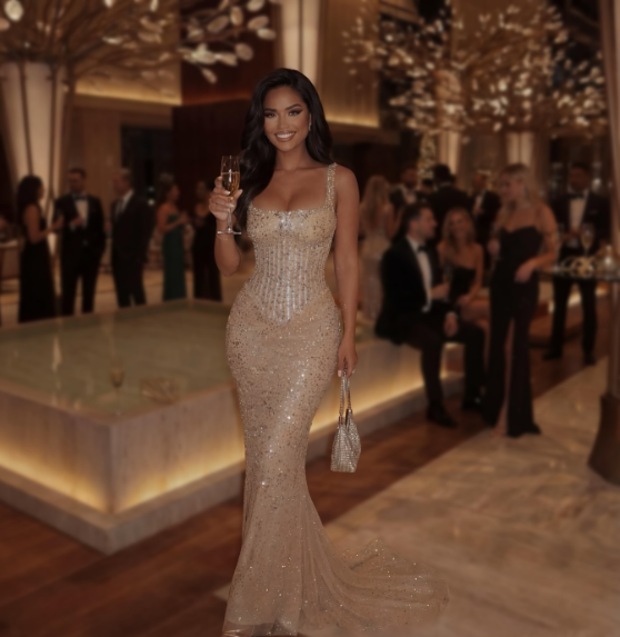 Luxurious Champagne Gold Mermaid Square Neck Sequined Prom Dress Evening Dress cc5117